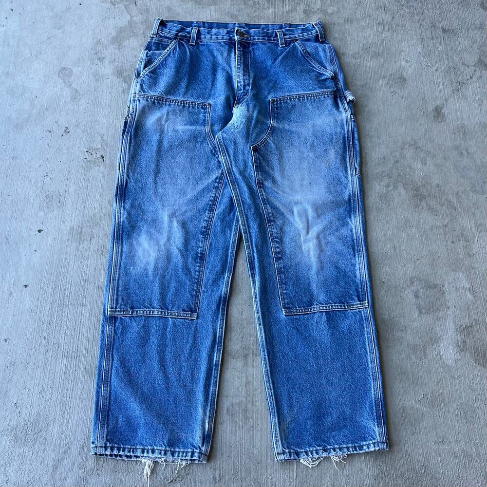 Carhartt faded denim blue jean double knee work wear carpenter pants